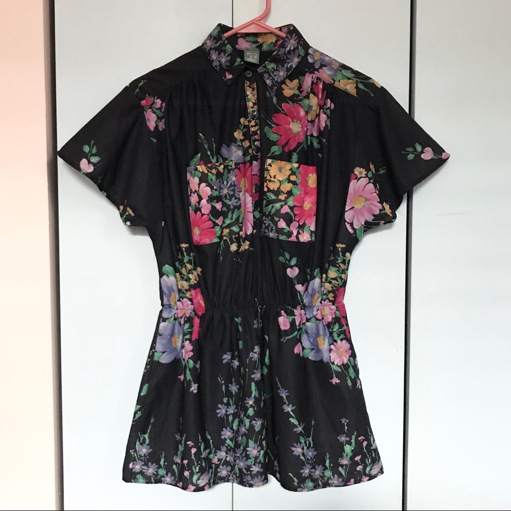 UO Vintage Black Floral Cinched Waist Blouse